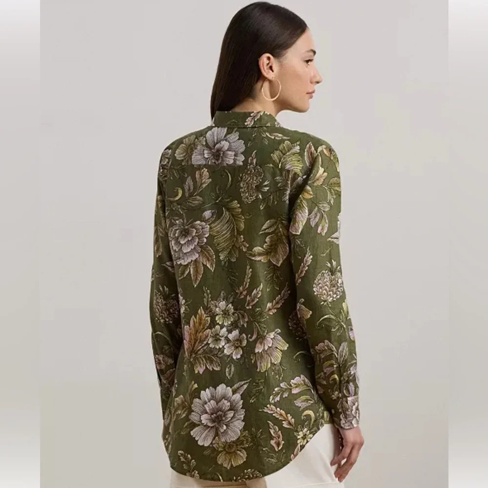 Lauren Ralph Lauren Linen Floral Blouse Olive Button Down Cottagecore XL - Picture 2 of 10